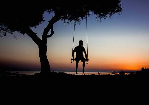 human silhouette photo of man on swing beside tree person