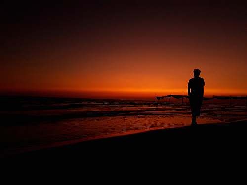 human silhouette photography of person standing on seashore person