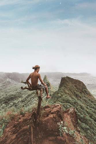 people man sitting on tree branch above mountain person