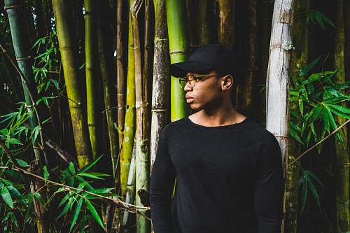 bamboo man standing front of bamboo tree while looking sideward plant