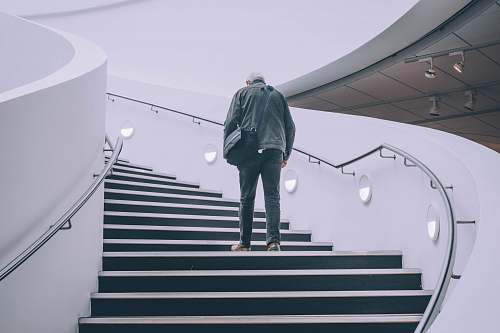 people man wearing black jacket standing on black concrete stairs person