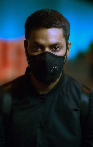 people man wearing black mask person