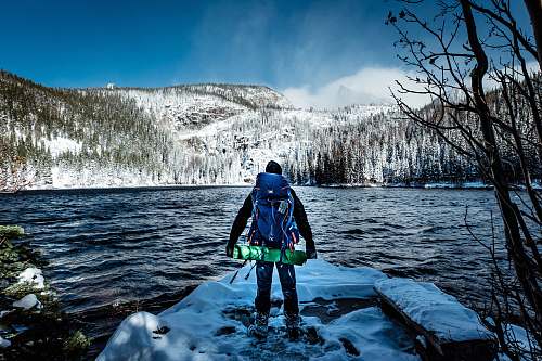 person man with backpack in front of body of water people
