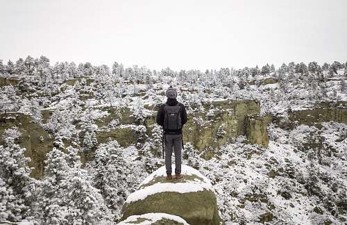 people person standing on cliff in front of forest person