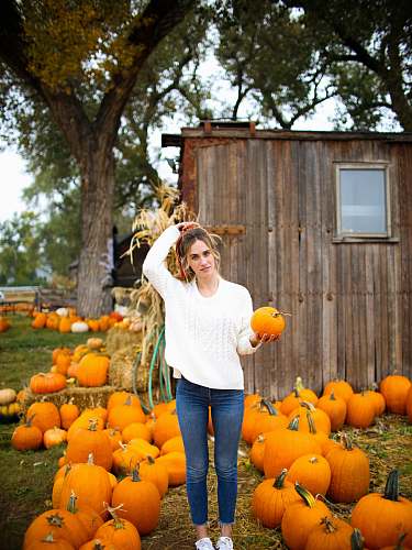 person woman carrying orange pumpkin people