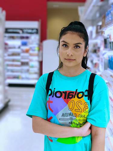 person woman wearing teal crew-neck t-shirt people