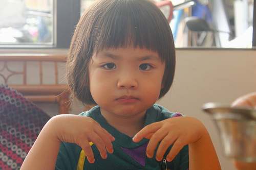 person girl in green and purple shirt near window human