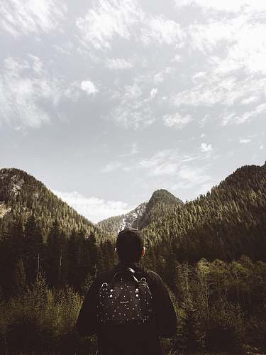 human man facing mountain range covered with green leafed trees person