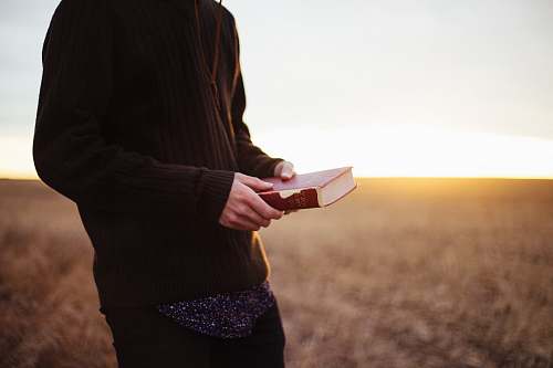 human man holding book in the ricefield bible