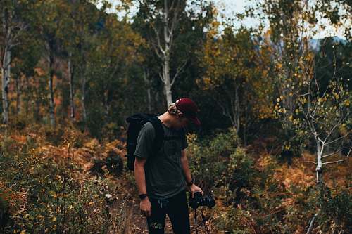 human man holding DSLR camera in the middle of the forest person
