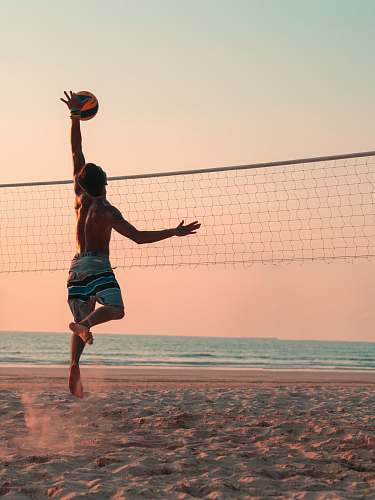 human man playing beach volleyball during daytime person