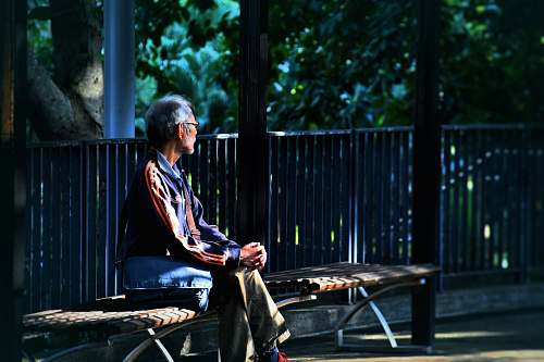 human man sitting on wooden bench person