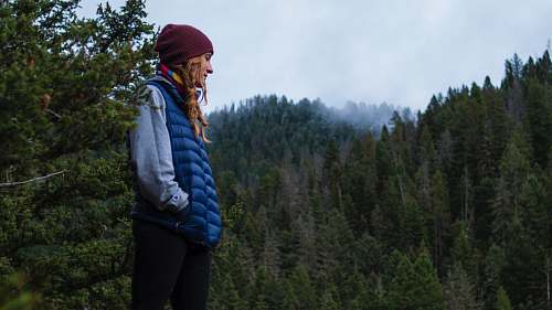 human person in blue bubble jacket standing near tree lot during daytime person