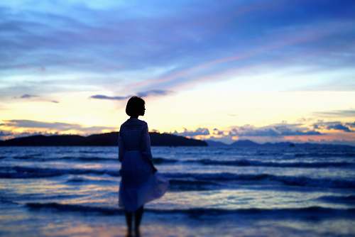 human silhouette photography of woman standing on shore during golden hour person