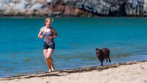 person woman and dog running in seashore beach