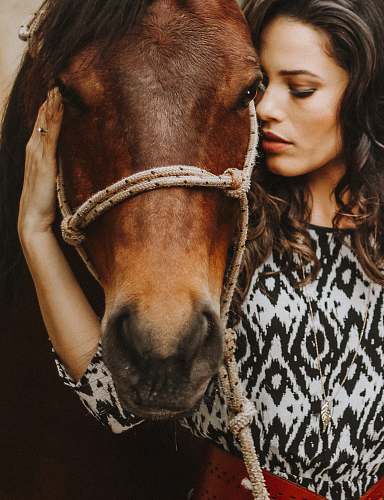 person woman holding horse head human