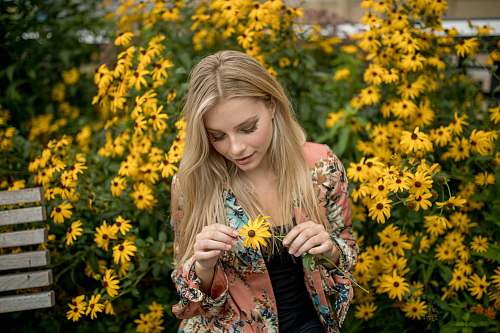 human woman holding sunflower person