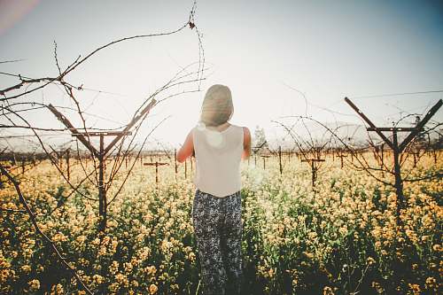 human woman standing on ground and surrounded by flowers person