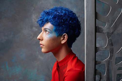 people blue-haired man wearing red top human
