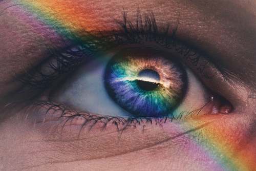 people close up photography of rainbow rays on eye human