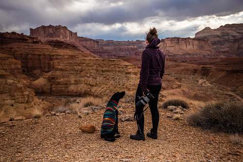 people dog looking up on woman wearing black hoodie looking at brown canyon hills human