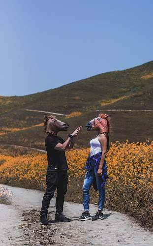 human man and woman facing each other while wearing horse masks near flower field during daytime people