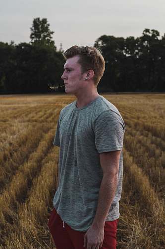 human man in gray crew-neck shirt and red bottoms standing near wheat field people