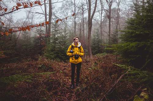 human man in yellow jacket holding black camera standing on brown grasses under trees people