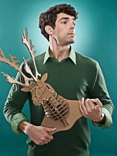 people man wearing green sweater holding brown deer head decor human