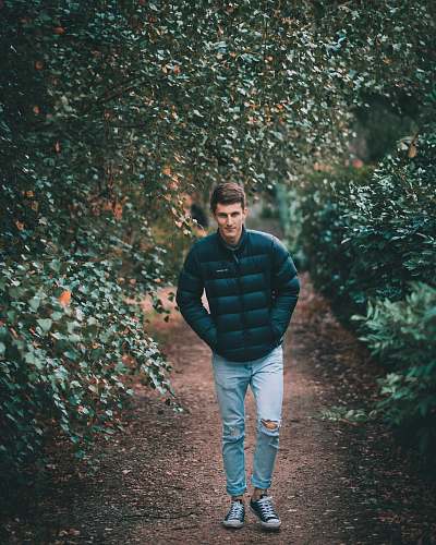 people man wearing puffer jacket between trees human