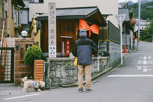 human man with dog walking on street during daytime people