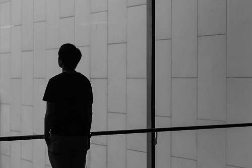 black-and-white silhouette of a person facing glass wall back