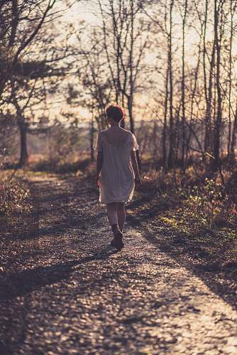 people woman walking on the rural road surrounded with trees human