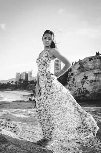 apparel grayscale photography of woman in beach clothing