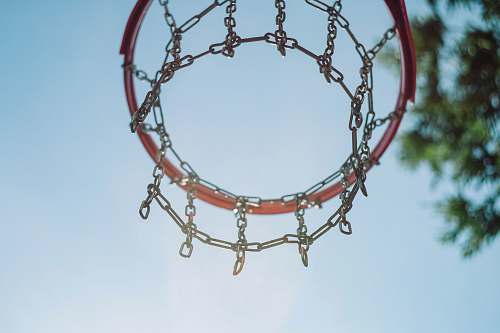 germany low-angle photo of red basketball hoop under blue sky conifer