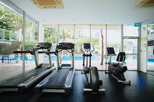 fitness black and grey treadmill and stationary bikes sport