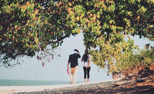 person man and woman walking on seashore during daytime people