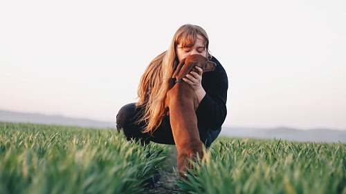 plant woman kissing adult brown dachshund grass