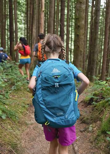 kids girl wearing blue backpack explore