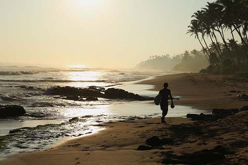 water silhouette of person walking on seashore beach