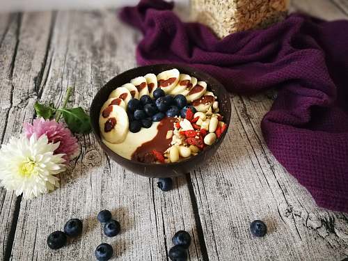 human blueberries and nuts with brown syrup in brown bowl person