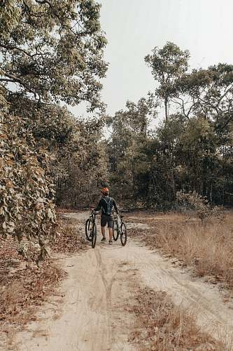 human man walking while holding on to two bicycles bicycle