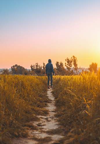 morocco person standing in between grass field under blue sky dirt road